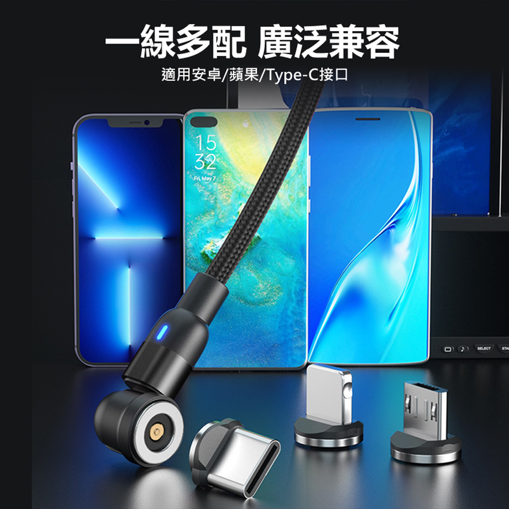 FC3020 540° 2.4A三合一磁吸旋轉彎頭充電線 1M／2M(蘋果／安卓／Type-C 編織軟線／車內可用)